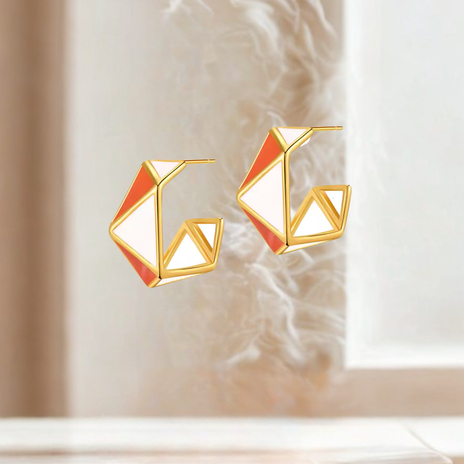 Geometric Triangle  (white & orange) Earrings